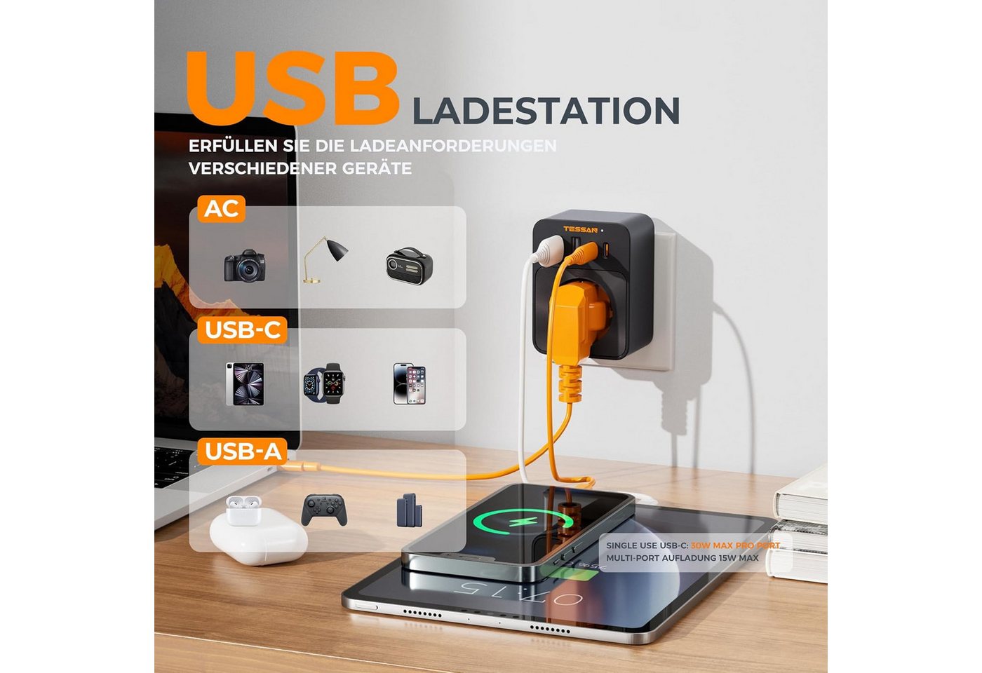 TESSAN Steckdose Schutzadapter mit 2 USB-C 2 USB-A Mehrfachadapter Schwarz Mehrfachsteckdose 1-fach (2 USB-A und 2 USB-C, Schwarz, 5 in 1 Mehrfachstecker) – Bild 4 von 5