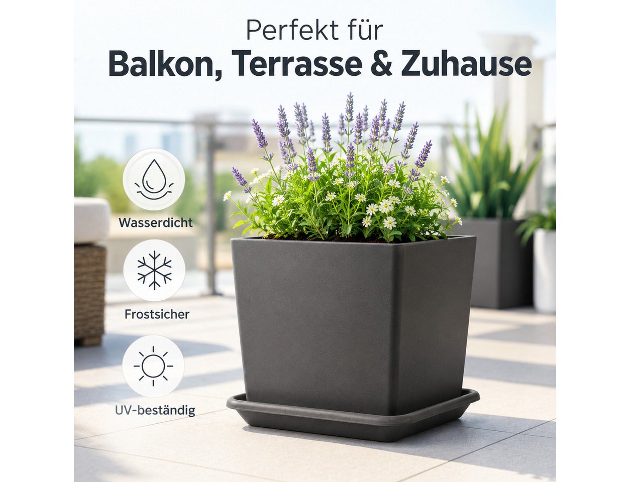 Testrut Blumentopfuntersetzer Pflanzenuntersetzer anthrazit eckig für saubere Flächen, Zubehör für Pflanztopf Pia – Bild 2 von 5