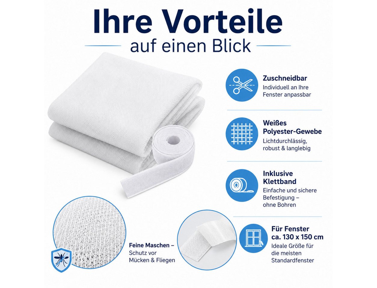 Testrut Fliegengitter-Gewebe Fliegengitter 130 x 150 cm Weiß mit Klettband, (1-St) – Bild 3 von 5