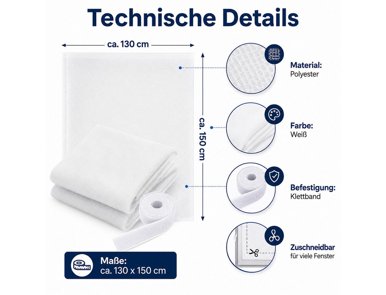 Testrut Fliegengitter-Gewebe Fliegengitter 130 x 150 cm Weiß mit Klettband, (1-St) – Bild 5 von 5