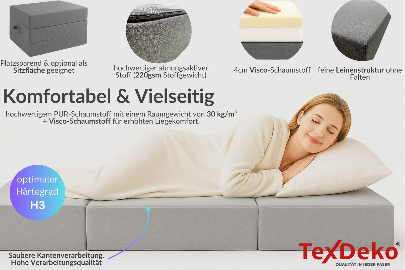 Klappmatratze Premium – 15cm dick, 4cm Visco-Schicht, ideal als Gästematratze, TexDeko, 15 cm hoch, (200 cm x (nach Wahl) x 15 cm), UV-Beständig, wasserabweisen – Bild 2 von 5