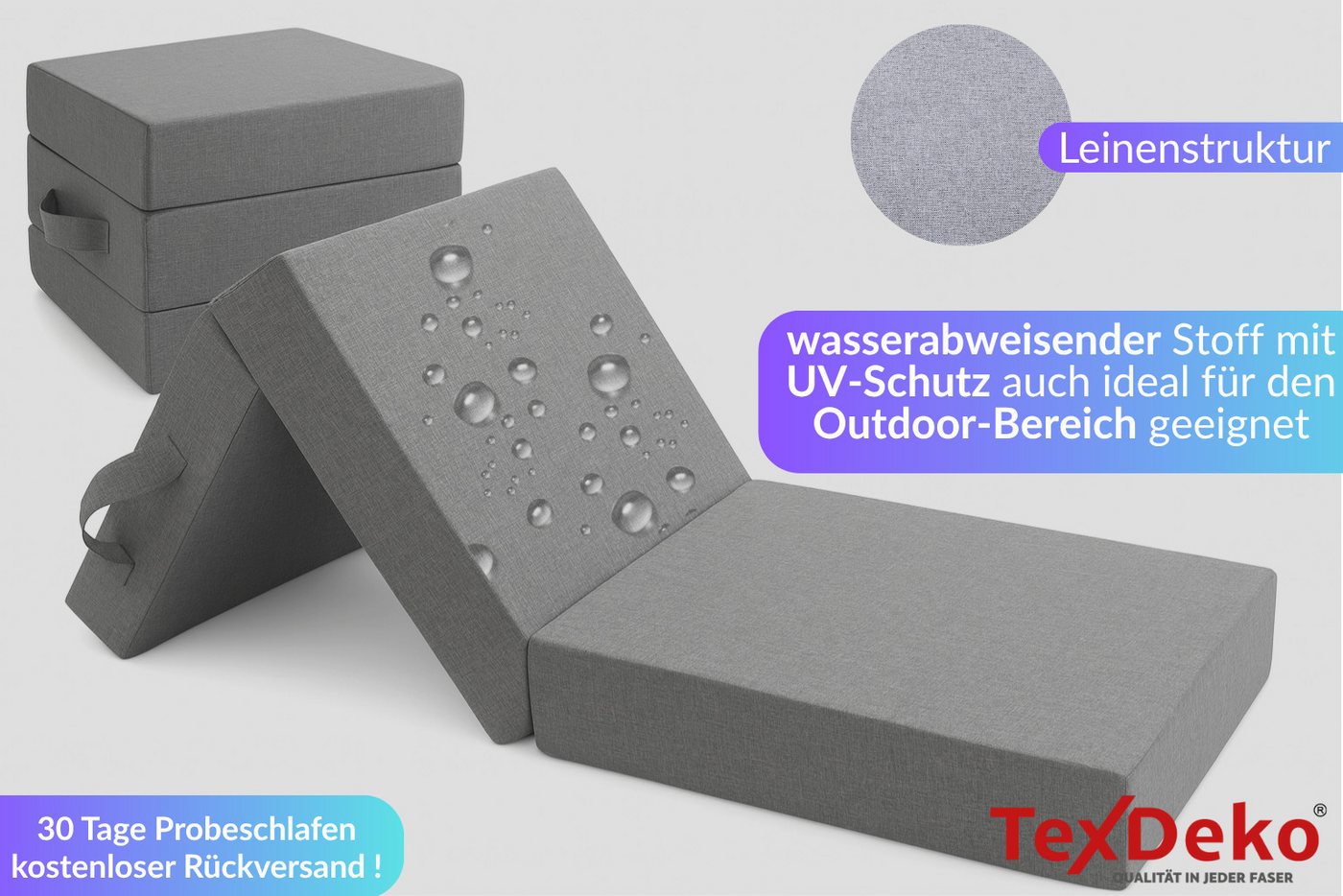 Klappmatratze Premium – 15cm dick, 4cm Visco-Schicht, ideal als Gästematratze, TexDeko, 15 cm hoch, (200 cm x (nach Wahl) x 15 cm), UV-Beständig, wasserabweisen – Bild 4 von 5