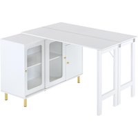 Moderner Buffet-Sideboard mit klappbarer Tischplatte, drehbarer Oberfläche, goldenen Metallbeinen und Glasschiebetüren, 116x40x78,5 cm, Weiß