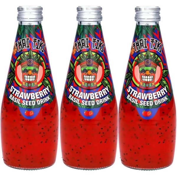 Thai Tiki Softgetränk, Thai Tiki Erdbeere Basilikumgetränk Basil Seed Drink 290ml 3er Pack