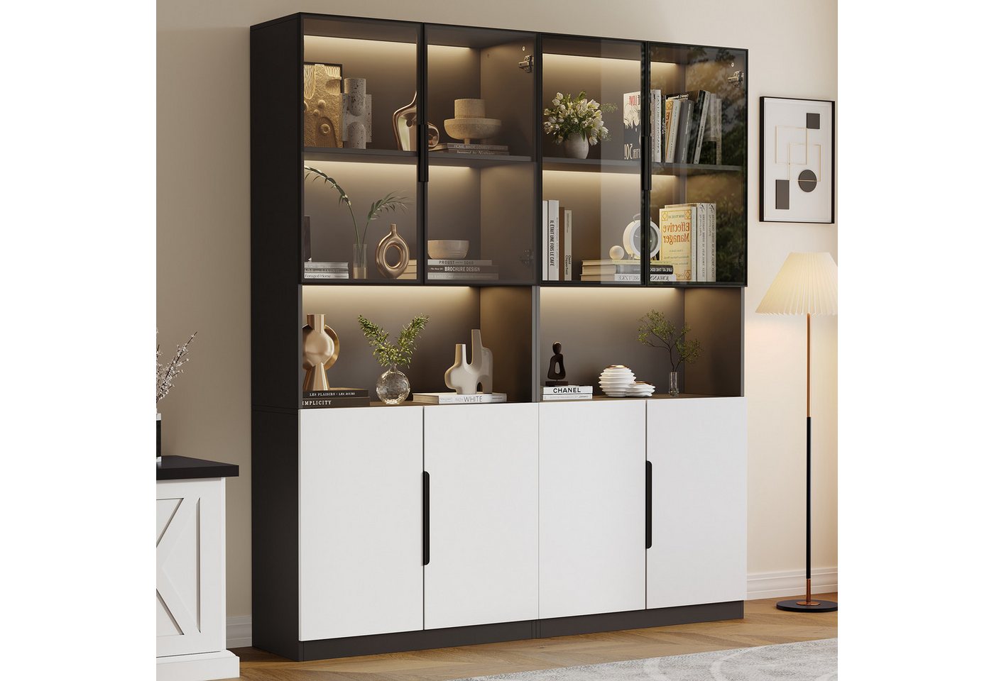 Thanaddo Glasvitrine Vitrine mit Glastür, mit LED-Licht Vitrine, Sammlung Bücherregal – Bild 2 von 5