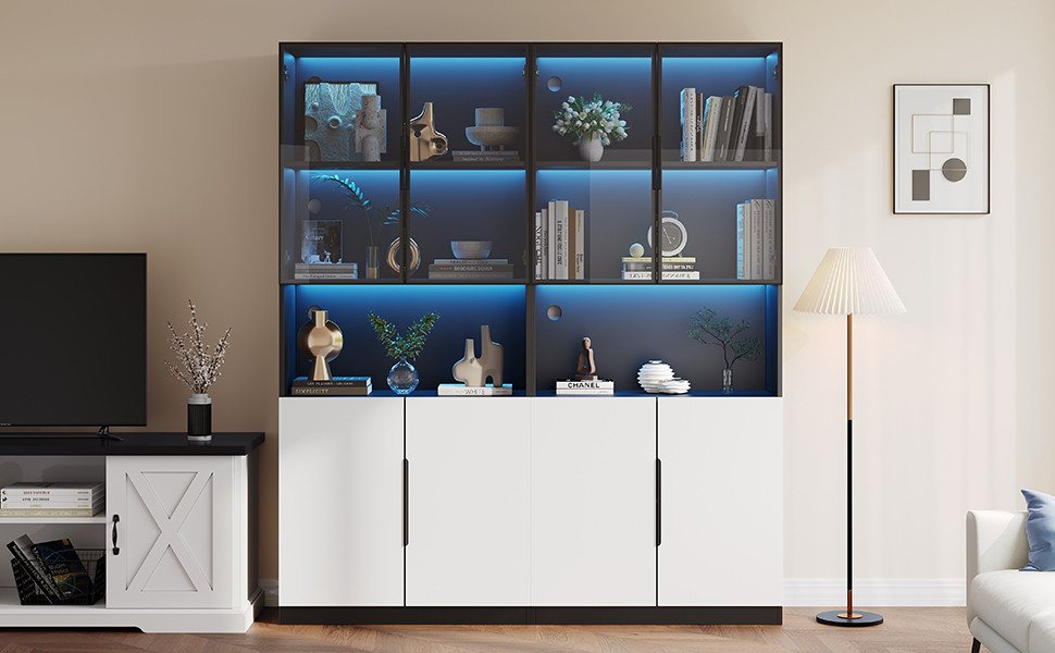 Thanaddo Glasvitrine Vitrine mit Glastür, mit LED-Licht Vitrine, Sammlung Bücherregal – Bild 3 von 5