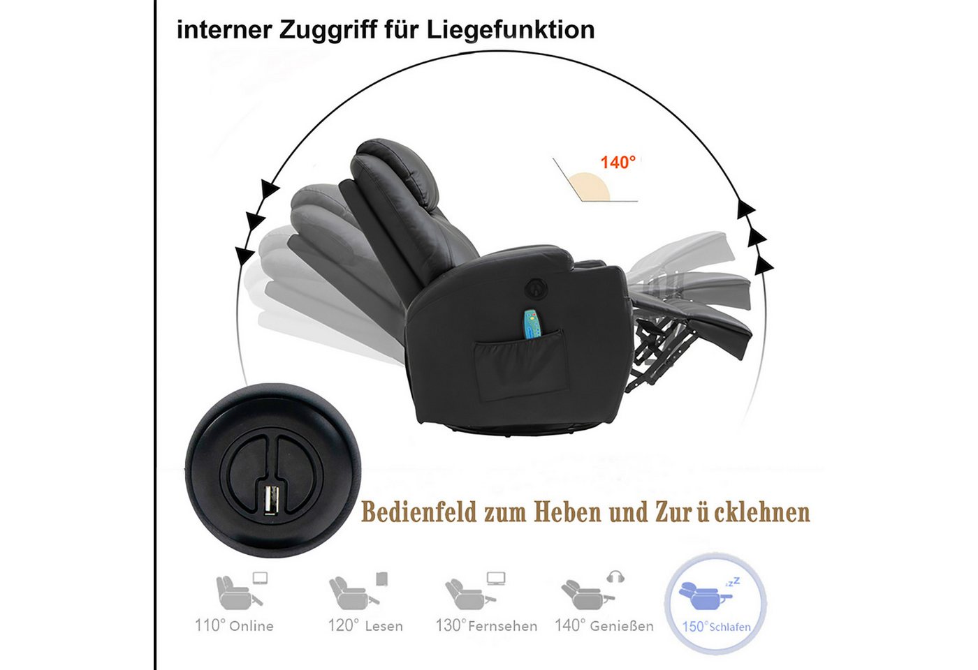 Thanaddo Massagesessel Relaxsessel Massagesessel Fernsehsessel, mit Liegefunktion – Bild 4 von 5