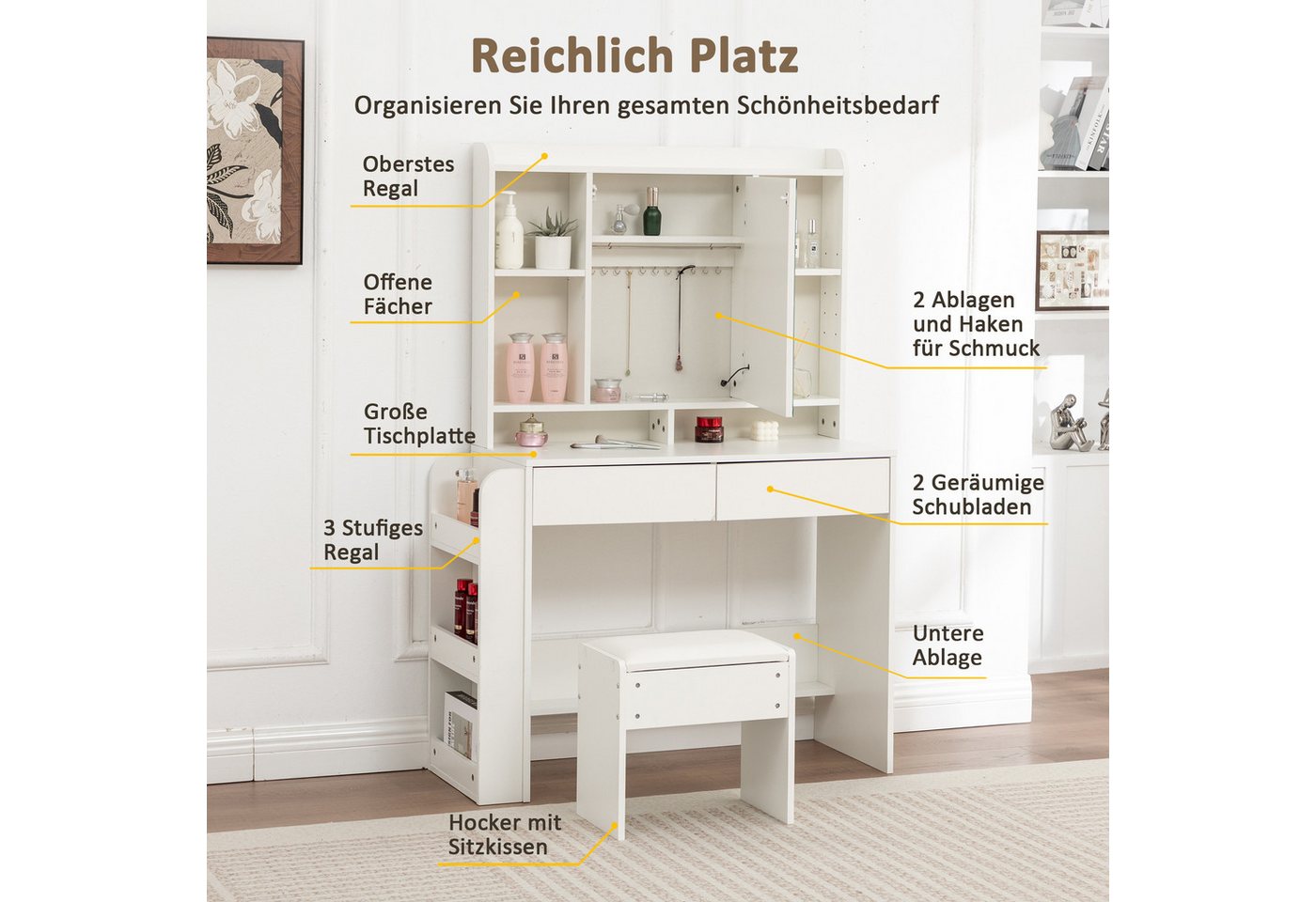 Thanaddo Schminktisch Schminktisch mit Spiegel,LED-Beleuchtung mit Einstellbarer Helligkeit – Bild 3 von 5