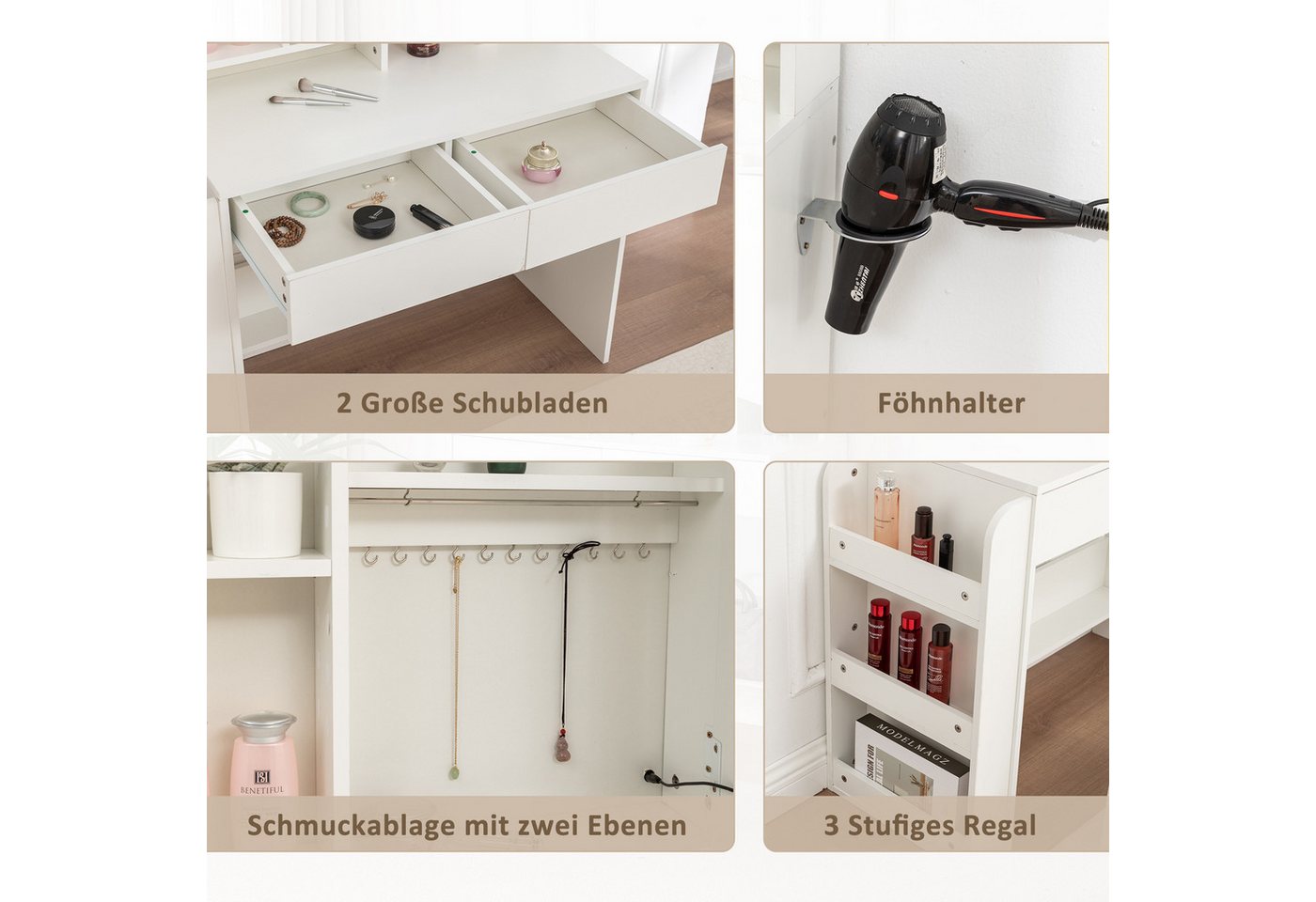 Thanaddo Schminktisch Schminktisch mit Spiegel,LED-Beleuchtung mit Einstellbarer Helligkeit – Bild 4 von 5