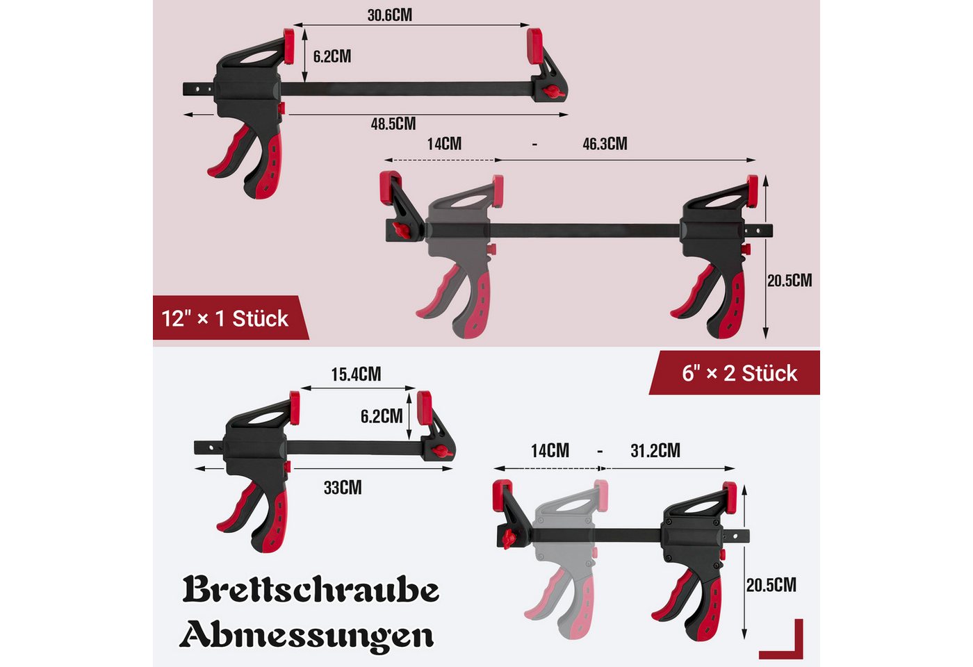 Thanaddo Zwinge Schraubzwinge Set Einhandzwingen Set, (4 Zollx6,6 Zollx2+12 Zoll,12 Zollx6, 3 St., 2 in 1 Spannkraft 70kg), für präzises Fixieren Holzarbeiten,  – Bild 2 von 5