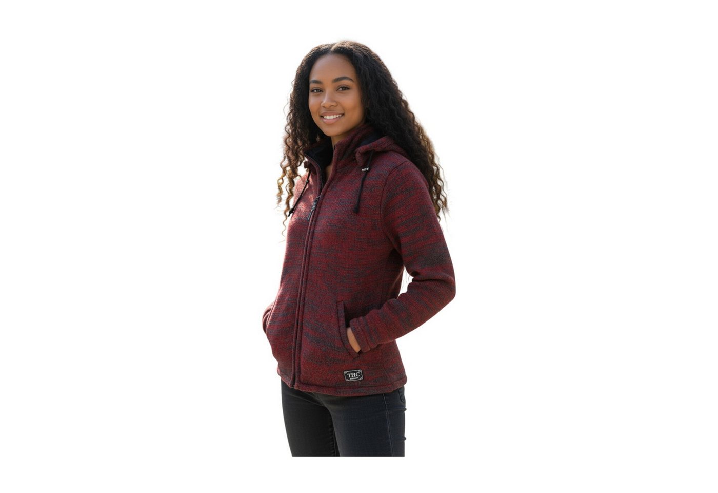 THC Natural Line Strickjacke THC Schafwollstrickjacke Baumwollfutter 855 rot (1 Stück, 1-tlg., 1 Stück) Strickjacke mit abnehmbarer Kapuze – Bild 5 von 5