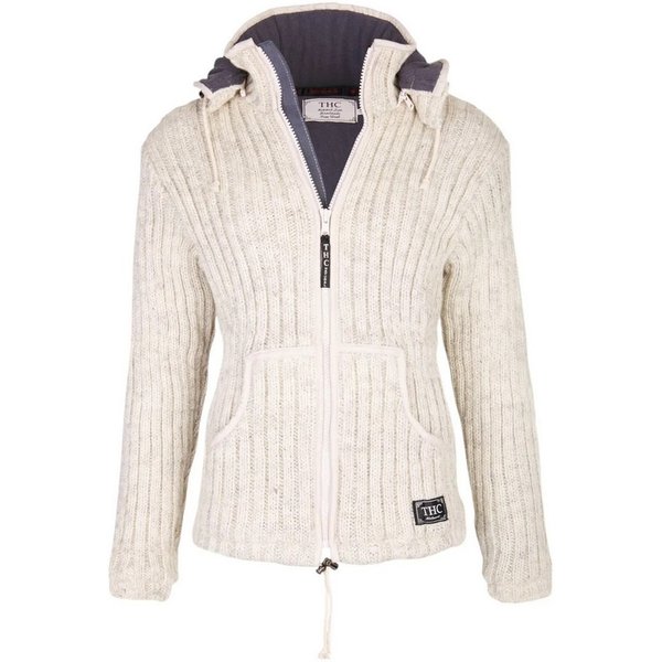 THC Natural Line Strickjacke THC Schafwollstrickjacke gerippt weiß 713 (1 Stück, 1-tlg., 1 Stück) Strickjacke mit abnehmbarer Kapuze