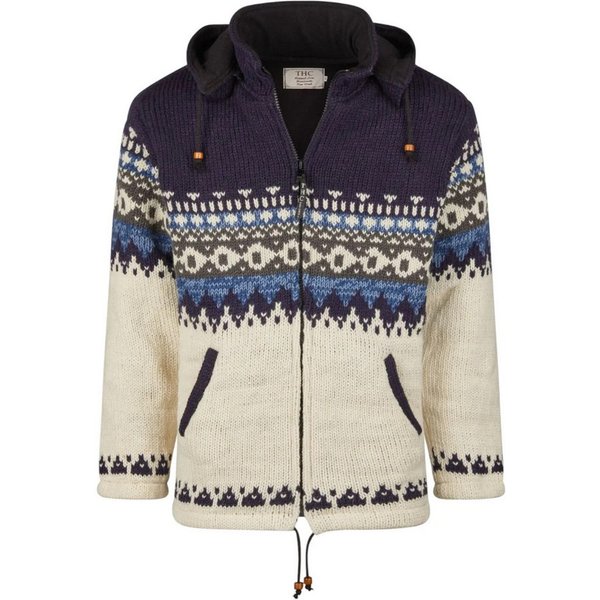 THC Natural Line Strickjacke THC Schafwollstrickjacke blau gemustert 816 (1 Stück, 1-tlg., 1 Stüpck) Strickjacke mit abnehmbarer Kapuze