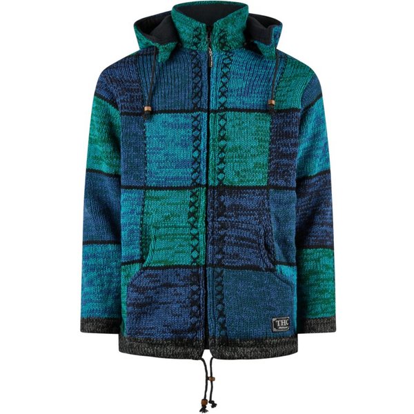 THC Natural Line Strickjacke THC Schafwollstrickjacke blaue Quadrate 806 (1 Stück, 1-tlg., 1 Stück) Strickjacke mit abnehmbarer Kapuze
