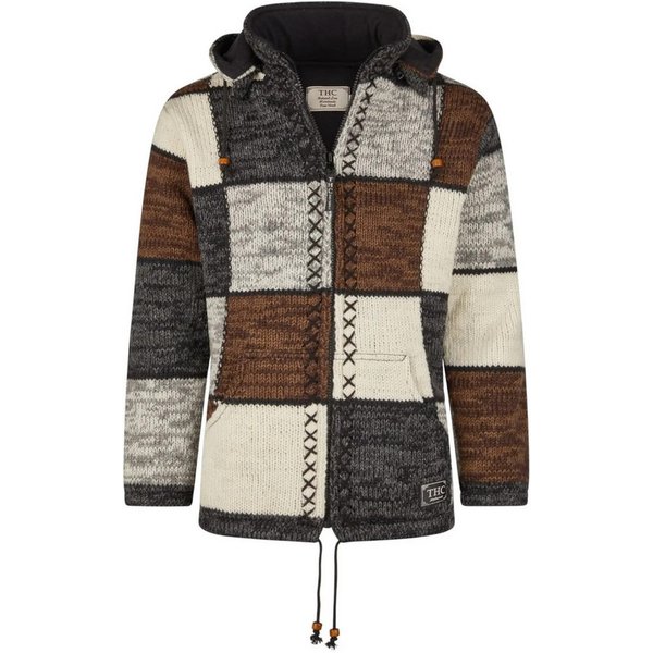 THC Natural Line Strickjacke THC Schafwollstrickjacke braune Quadrate 813 (1 Stück, 1-tlg., 1 Stück) Strickjacke mit abnehmbarer Kapuze