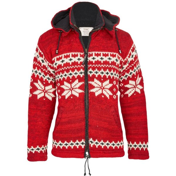 THC Natural Line Strickjacke THC Schafwollstrickjacke Norweger rot 601 (1 Stück, 1-tlg., 1 Stück) Strickjacke mit abnehmbarer Kapuze