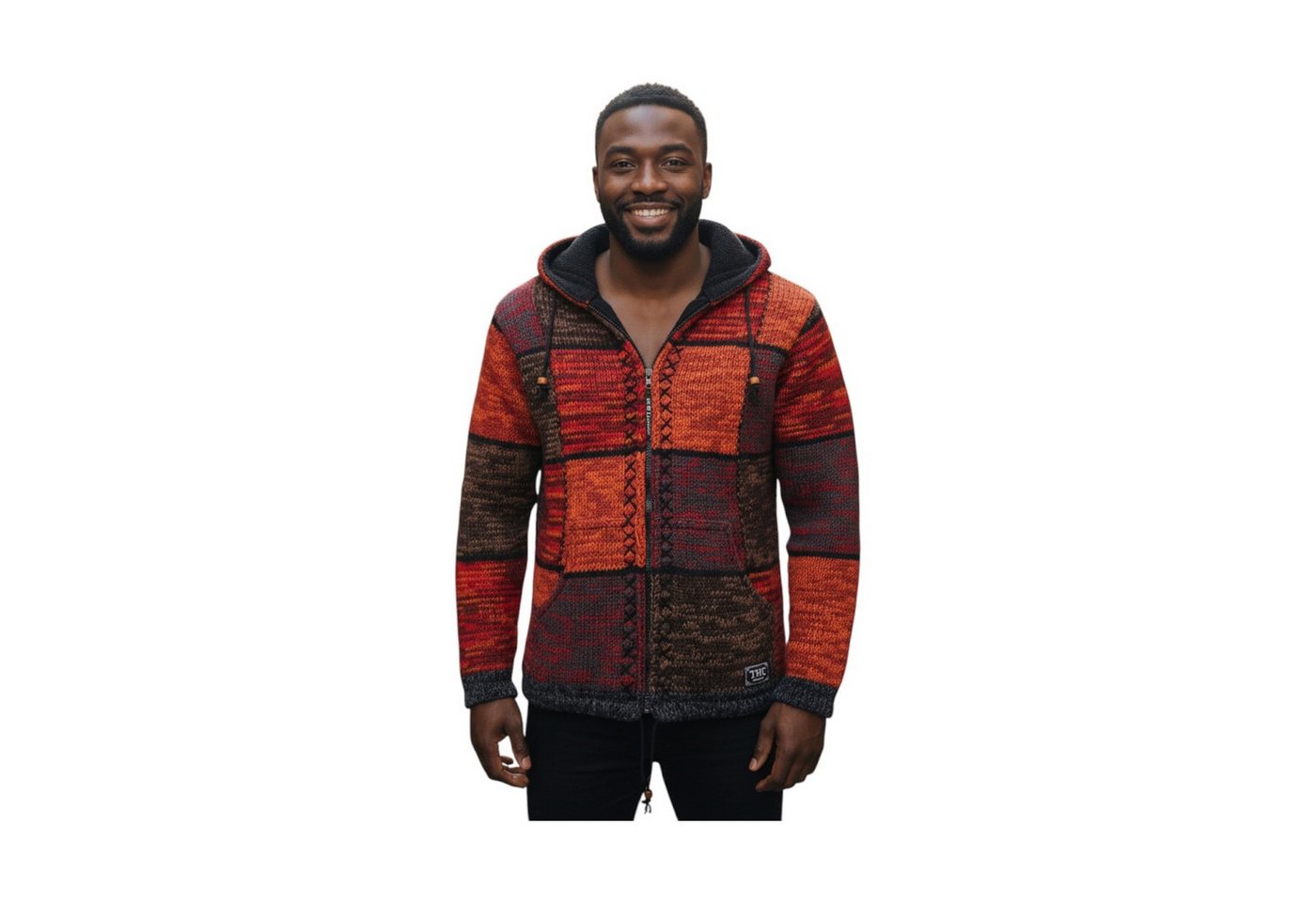 THC Natural Line Strickjacke THC Strickjacke 815 rote Quadrate (1 Stück, 1-tlg., 1 Stück) Strickjacke mit abnehmbarer Kapuze – Bild 2 von 5