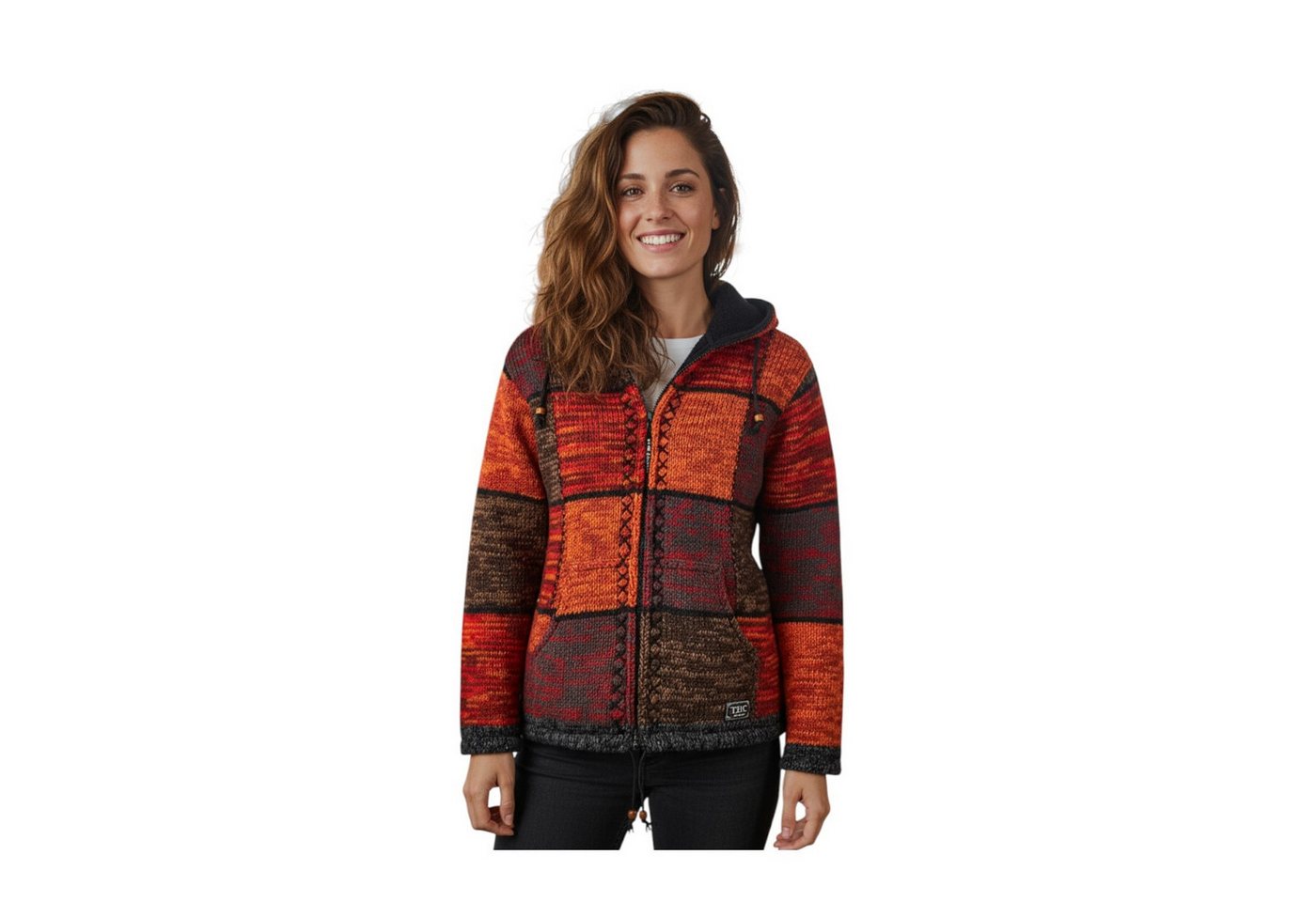 THC Natural Line Strickjacke THC Strickjacke 815 rote Quadrate (1 Stück, 1-tlg., 1 Stück) Strickjacke mit abnehmbarer Kapuze – Bild 3 von 5