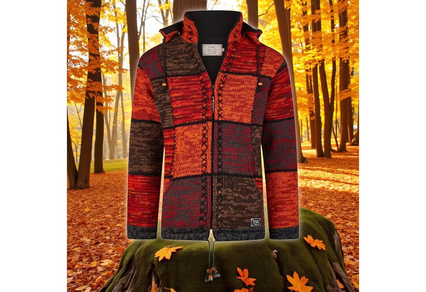 THC Natural Line Strickjacke THC Strickjacke 815 rote Quadrate (1 Stück, 1-tlg., 1 Stück) Strickjacke mit abnehmbarer Kapuze – Bild 4 von 5