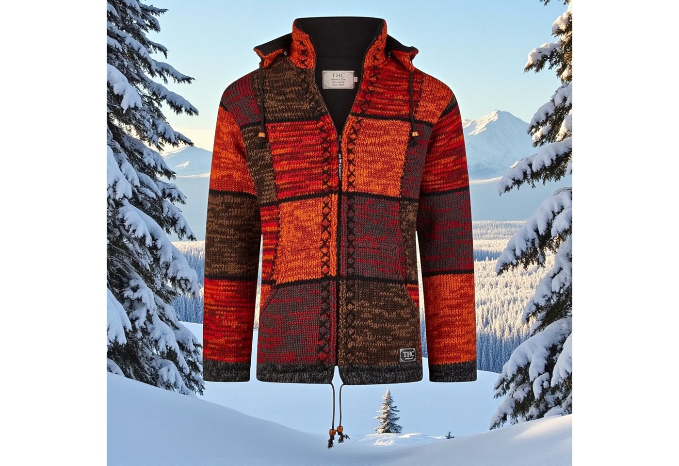 THC Natural Line Strickjacke THC Strickjacke 815 rote Quadrate (1 Stück, 1-tlg., 1 Stück) Strickjacke mit abnehmbarer Kapuze – Bild 5 von 5