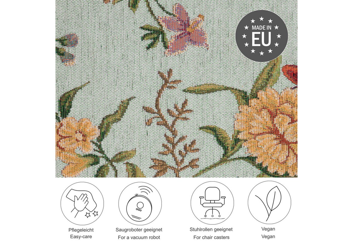 THEKO Teppich Flomi Sagrini, rechteckig, Höhe: 4 mm, Flachgewebe, Pastell-Farben, Blumen Design, mit Bordüre – Bild 2 von 5