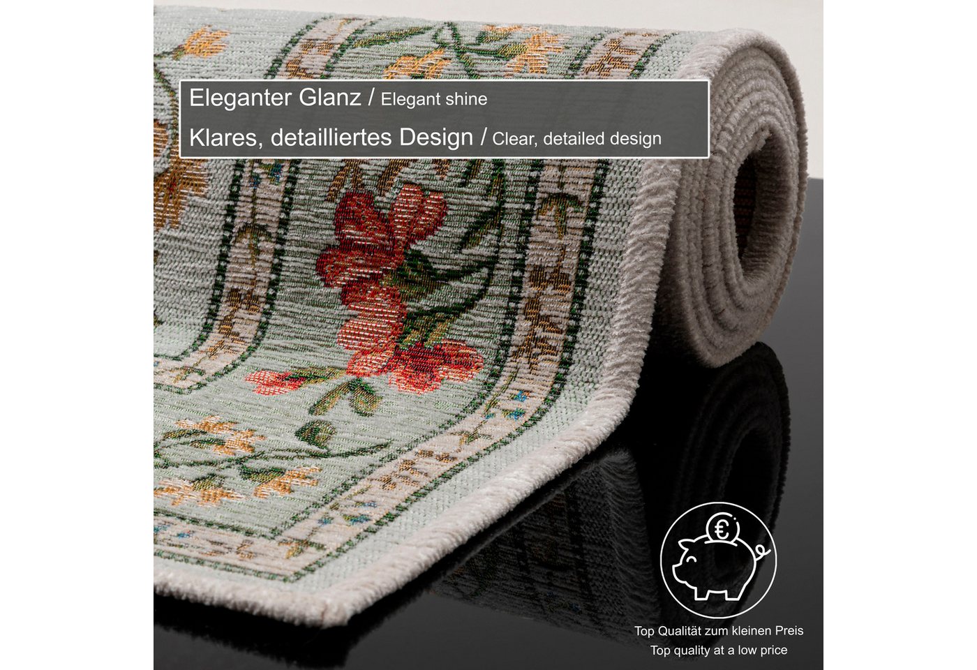 THEKO Teppich Flomi Sagrini, rechteckig, Höhe: 4 mm, Flachgewebe, Pastell-Farben, Blumen Design, mit Bordüre – Bild 5 von 5