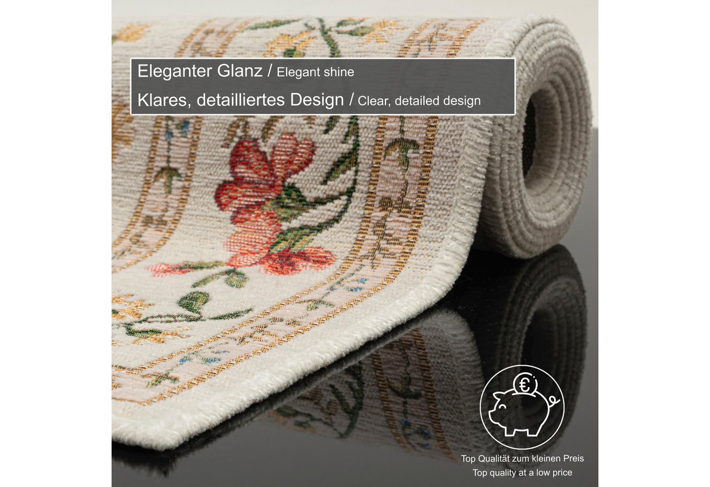 THEKO Teppich Flomi Sagrini, rechteckig, Höhe: 4 mm, Flachgewebe, Pastell-Farben, Blumen Design, mit Bordüre – Bild 5 von 5