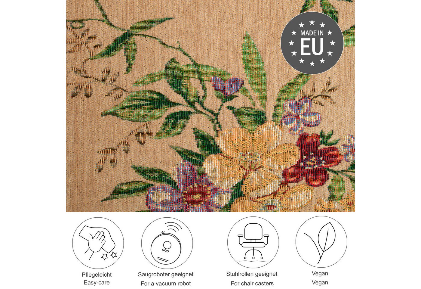THEKO Teppich Flomi Sagrini, rechteckig, Höhe: 4 mm, Flachgewebe, Pastell-Farben, Blumen Design, mit Bordüre – Bild 2 von 5