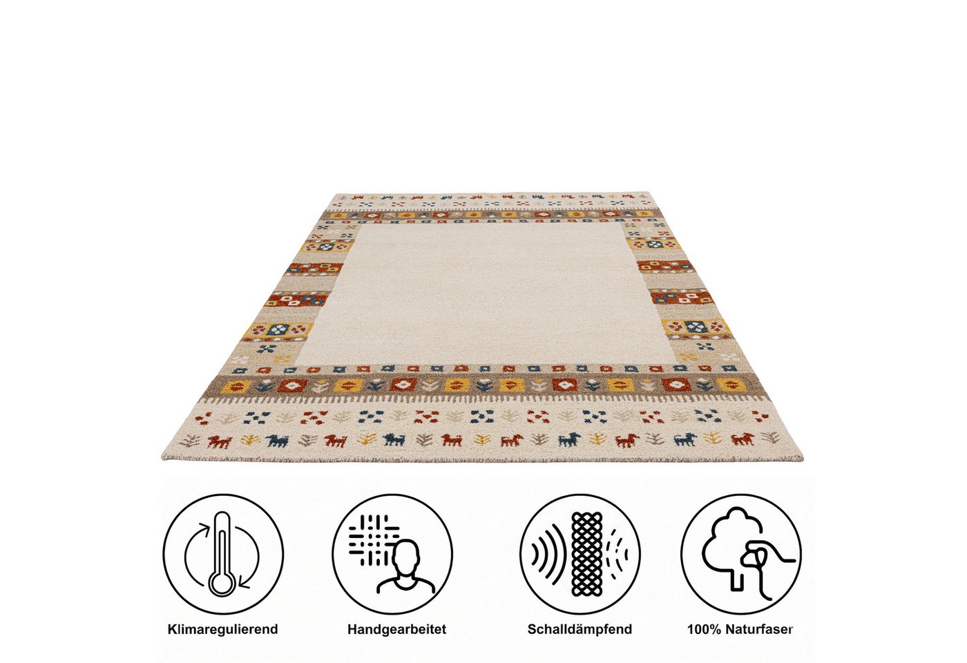 THEKO Wollteppich Gabbeh Rahmen, reine Wolle, Handgefertigt, mit Bordüre, rechteckig, Höhe: 14 mm, Tiermotiv, Wohnzimmer, Schlafzimmer, Esszimmer – Bild 3 von 5