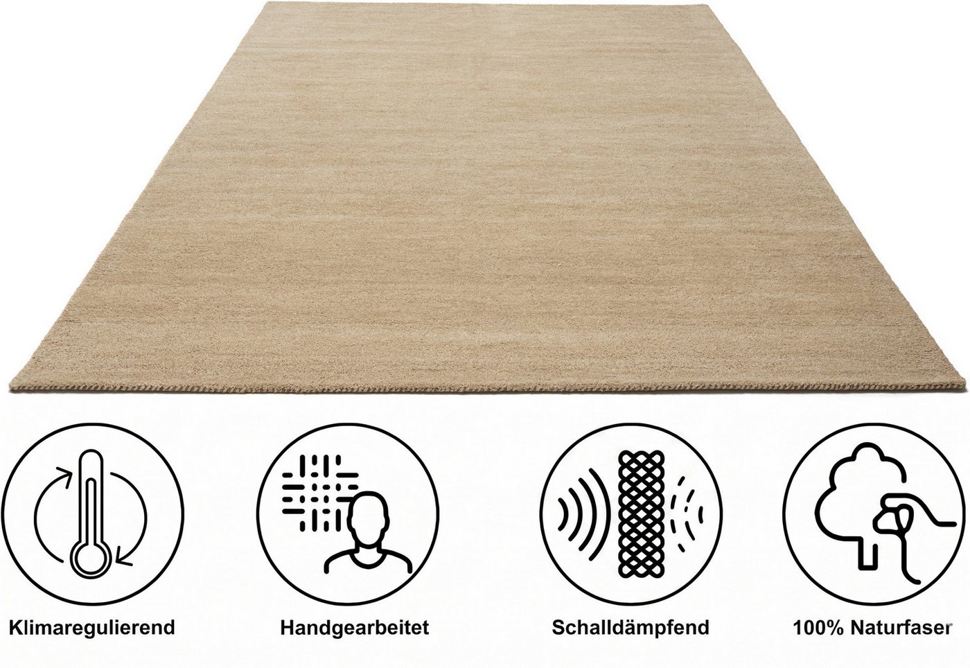 THEKO Wollteppich Gabbeh Uni, Handgefertigt, meliert, auch als Läufer erhältlich, Wolle, rechteckig, Höhe: 14 mm, Schlafzimmer, Wohnzimmer, Esszimmer, auch als  – Bild 3 von 5