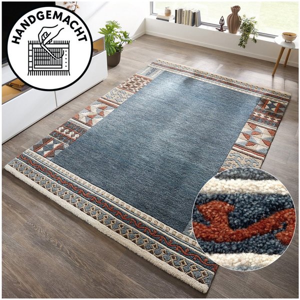 THEKO Wollteppich Nuno, reine Wolle, Handgefertigt, mit Bordüre, rechteckig, Höhe: 14 mm, handgetuftet, Wohnzimmer, Schlafzimmer, Esszimmer, auch als Läufer