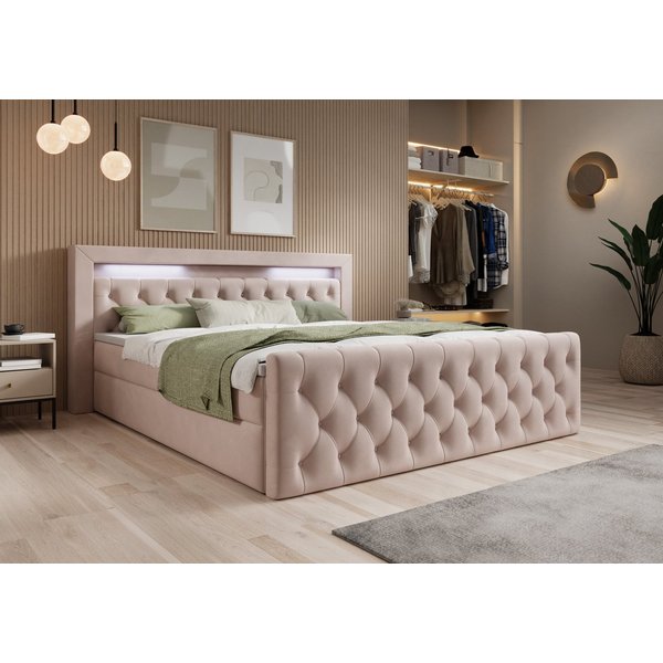 thematys Boxbett LED mit Bettkasten 140x200–200x200 cm – Velours oder Bouclé Bezug – (Polsterbett Bonnellfederkern Matratze H3 + Gratis 3cm Topper, Boxbett - Lu