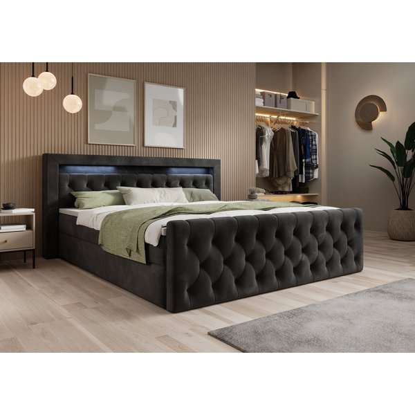 thematys Boxbett LED mit Bettkasten 140x200–200x200 cm – Velours oder Bouclé Bezug – (Polsterbett Bonnellfederkern Matratze H3 + Gratis 3cm Topper, Boxbett - Lu