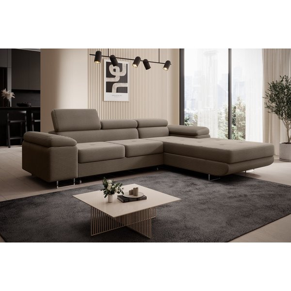 thematys Ecksofa ALVARO 250 x 183cm mit Schlaffunktion & Bettkasten –, L-Sofa mit 4 verstellbaren Kopfstützen, Strukturstoff (Inari), Cord (Poso), Leder (Soft),