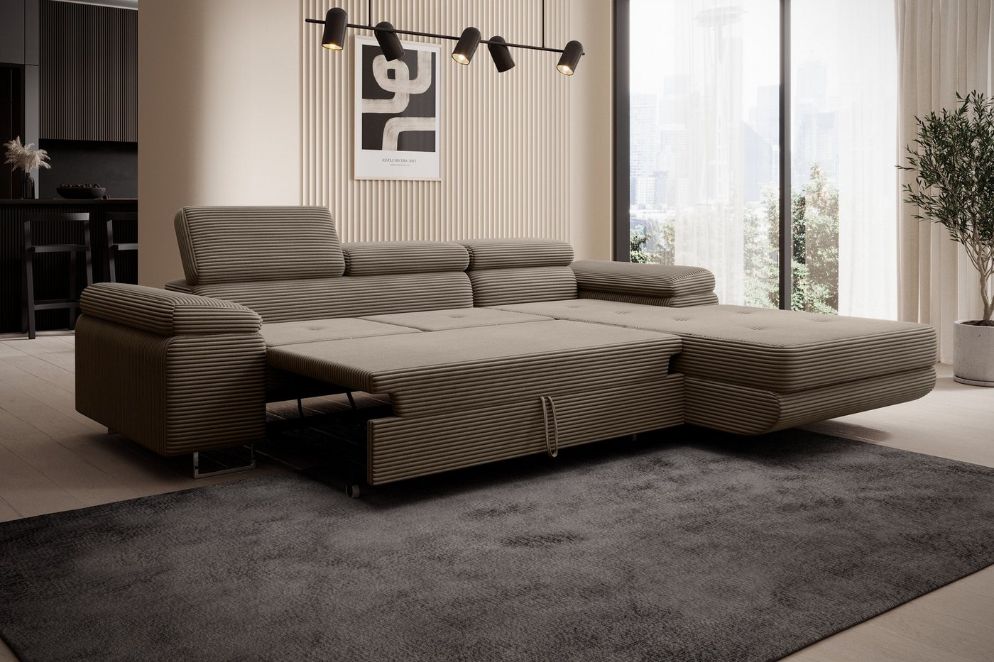 thematys Ecksofa ALVARO 250 x 183cm mit Schlaffunktion & Bettkasten –, L-Sofa mit 4 verstellbaren Kopfstützen, Strukturstoff (Inari), Cord (Poso), Leder (Soft), – Bild 3 von 5