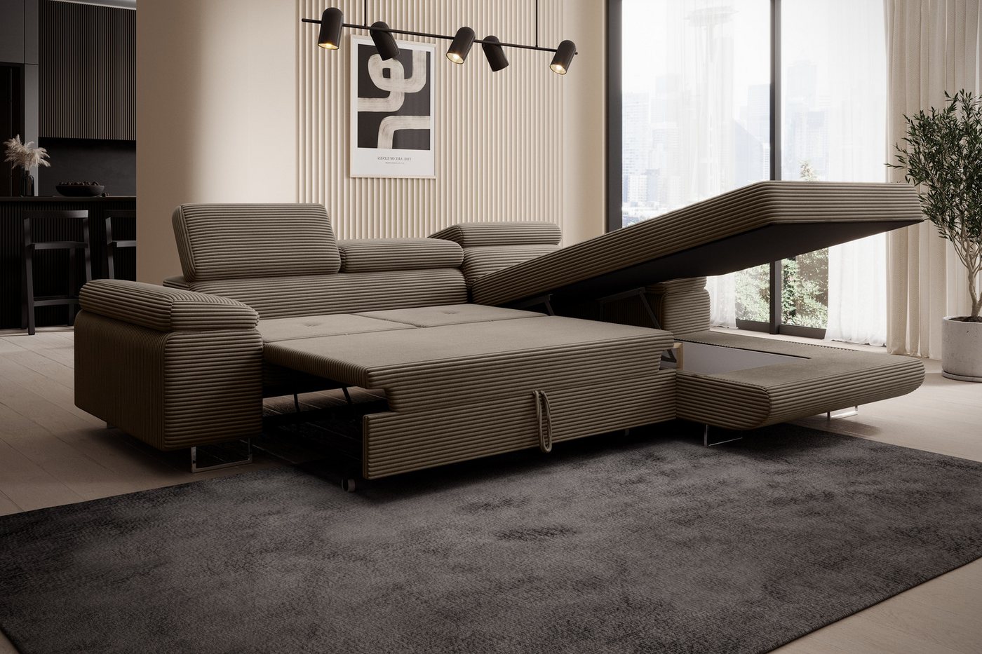 thematys Ecksofa ALVARO 250 x 183cm mit Schlaffunktion & Bettkasten –, L-Sofa mit 4 verstellbaren Kopfstützen, Strukturstoff (Inari), Cord (Poso), Leder (Soft), – Bild 4 von 5