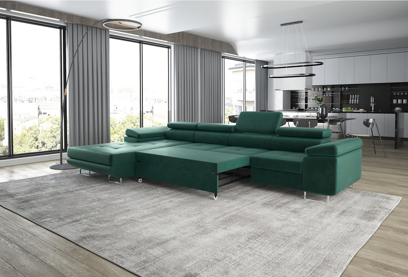 thematys Ecksofa ALVARO MAXI 355 x 204cm mit Schlaffunktion & Bettkasten –, L-Sofa mit 4 verstellbaren Kopfstützen, Samt (Monolotith), oder Cord (Poso) - L-Form – Bild 2 von 5