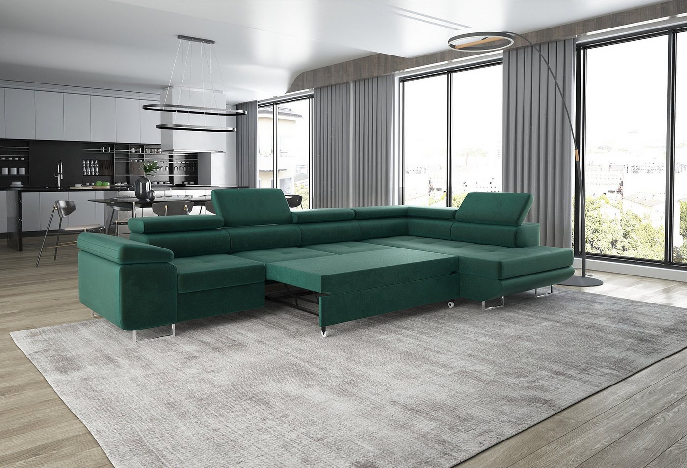 thematys Ecksofa ASTON LONG 355 x 204cm mit Schlaffunktion & Bettkasten – L-Sofa, mit 4 verstellbaren Kopfstützen, Cord (Poso) oder Samt (Monolith), - XXL Wohnl – Bild 2 von 5