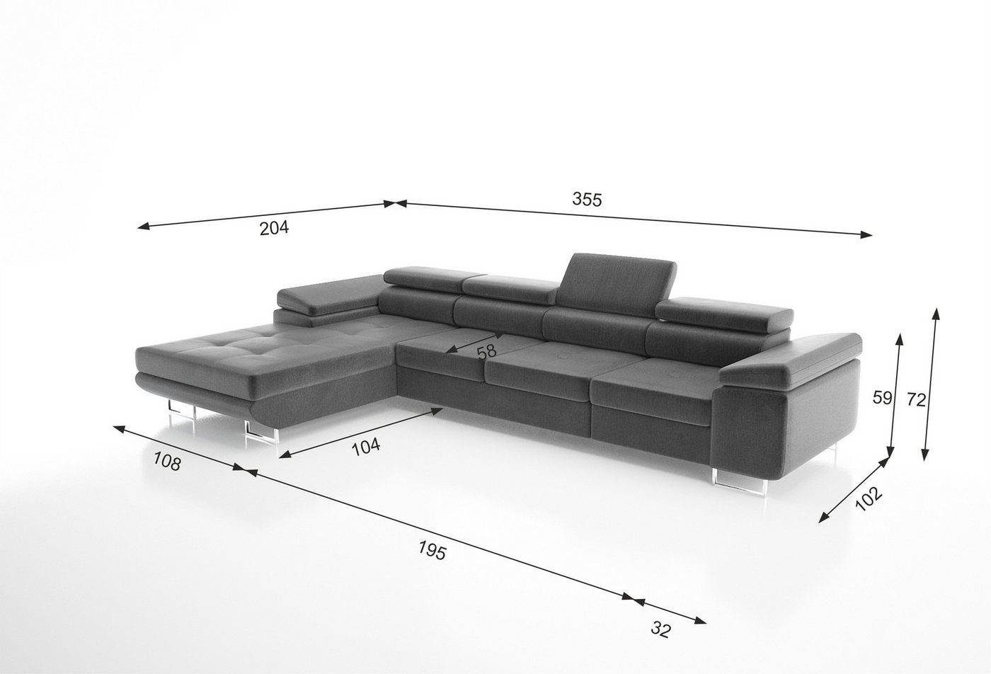 thematys Ecksofa ASTON LONG 355 x 204cm mit Schlaffunktion & Bettkasten – L-Sofa, mit 4 verstellbaren Kopfstützen, Cord (Poso) oder Samt (Monolith), - XXL Wohnl – Bild 4 von 4