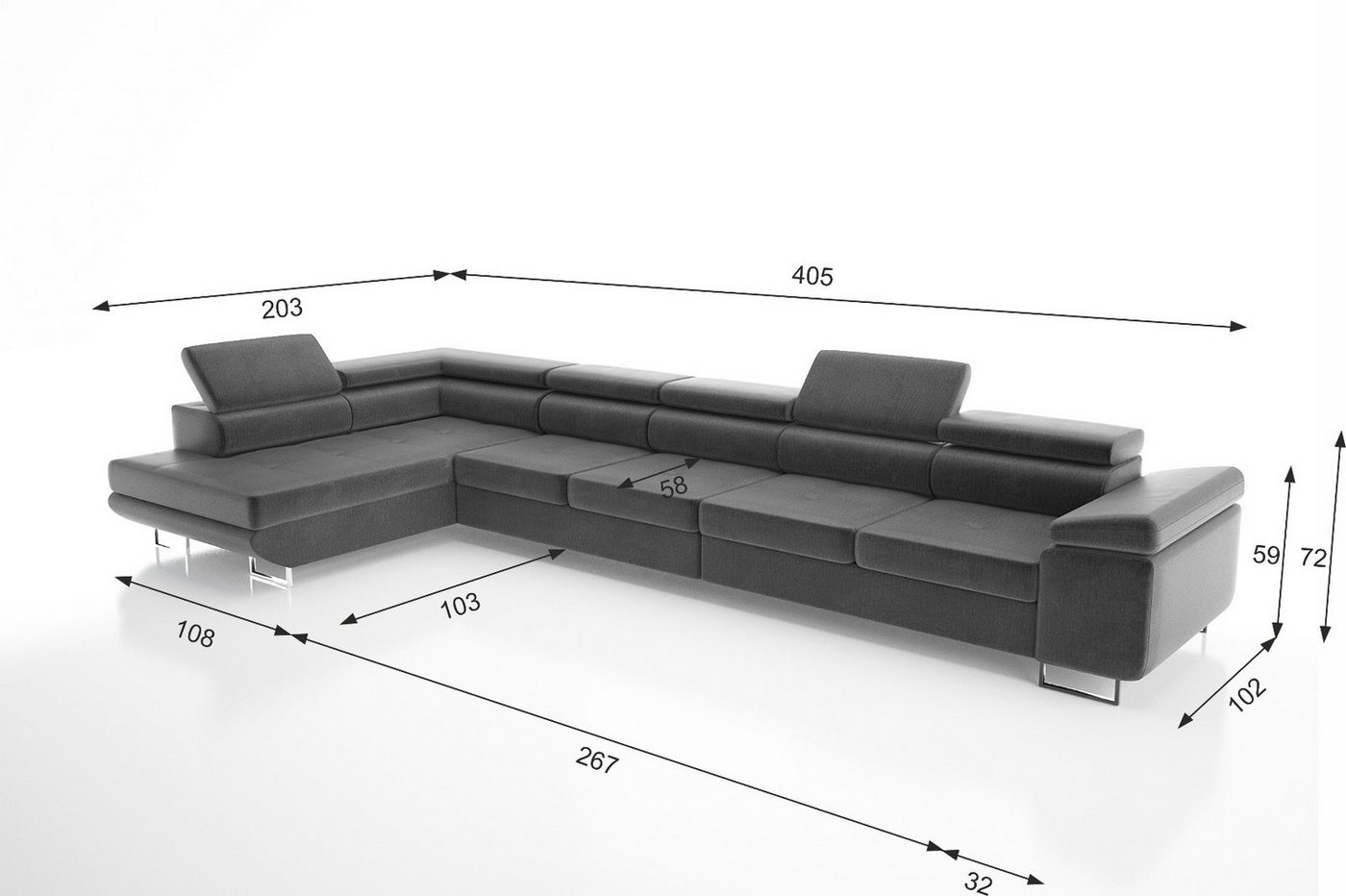 thematys Ecksofa ASTON MAXI 405 x 203cm mit Schlaffunktion & Bettkasten –, L-Sofa mit 5 verstellbaren Kopfstützen, Samt (Monolith), Cord (Poso) - L-Form, XL-Woh – Bild 5 von 5