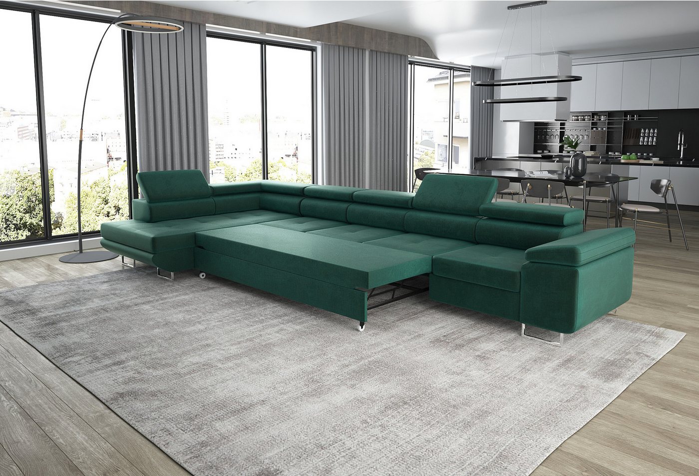 thematys Ecksofa ASTON MAXI 405 x 203cm mit Schlaffunktion & Bettkasten –, L-Sofa mit 5 verstellbaren Kopfstützen, Samt (Monolith), Cord (Poso) - L-Form, XL-Woh – Bild 2 von 5
