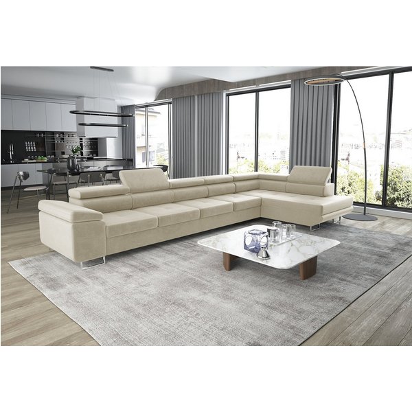 thematys Ecksofa ASTON MAXI 405 x 203cm mit Schlaffunktion & Bettkasten –, L-Sofa mit 5 verstellbaren Kopfstützen, Samt (Monolith), Cord (Poso) - L-Form, XL-Woh