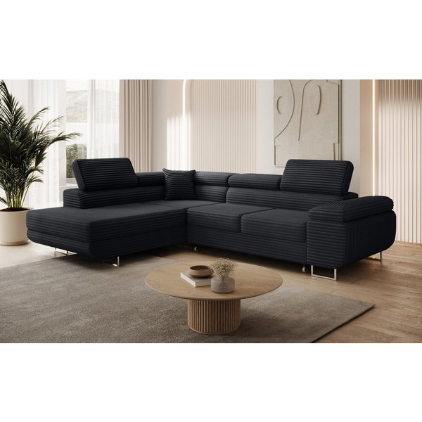 thematys Ecksofa ASTON mit Schlaffunktion & Bettkasten – Cordstoff TILIA, - mit 3 verstellbaren Kopfstützen, – L-Form 273×203 cm – Schlafsofa mit Auszug