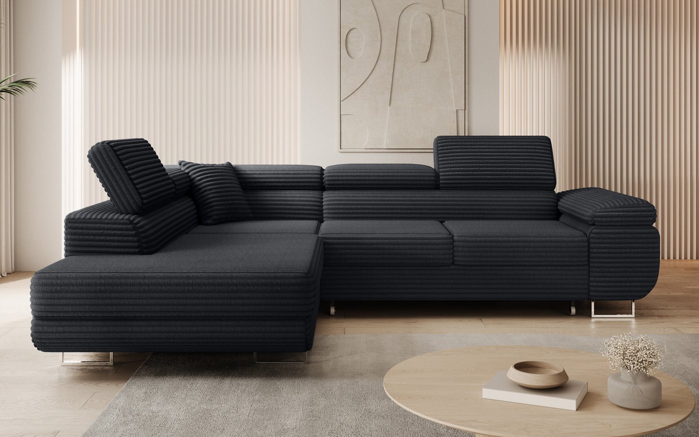 thematys Ecksofa ASTON mit Schlaffunktion & Bettkasten – Cordstoff TILIA, - mit 3 verstellbaren Kopfstützen, – L-Form 273×203 cm – Schlafsofa mit Auszug – Bild 2 von 5
