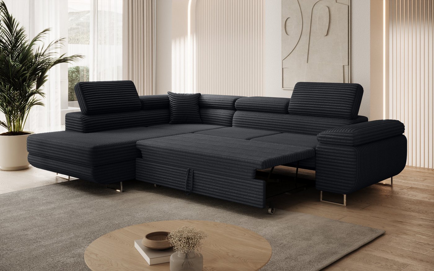 thematys Ecksofa ASTON mit Schlaffunktion & Bettkasten – Cordstoff TILIA, - mit 3 verstellbaren Kopfstützen, – L-Form 273×203 cm – Schlafsofa mit Auszug – Bild 3 von 5