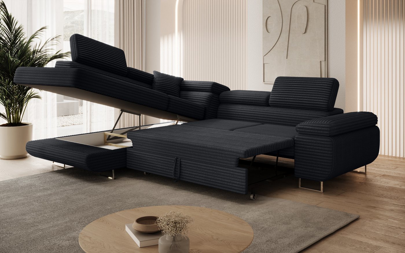 thematys Ecksofa ASTON mit Schlaffunktion & Bettkasten – Cordstoff TILIA, - mit 3 verstellbaren Kopfstützen, – L-Form 273×203 cm – Schlafsofa mit Auszug – Bild 4 von 5