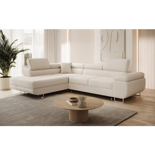 thematys Ecksofa ASTON mit Schlaffunktion & Bettkasten – Cordstoff TILIA, - mit 3 verstellbaren Kopfstützen, – L-Form 273×203 cm – Schlafsofa mit Auszug
