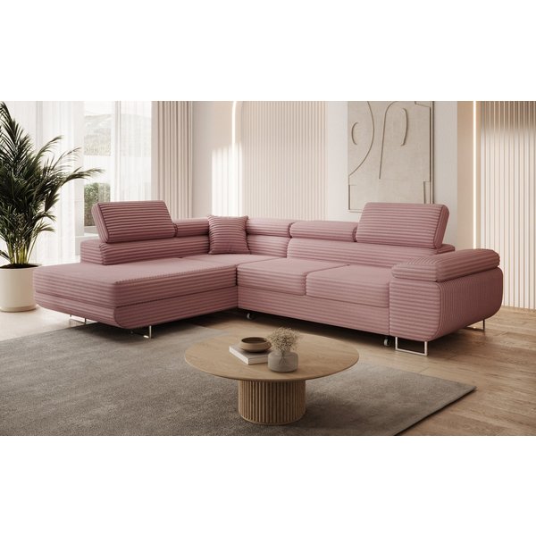 thematys Ecksofa ASTON mit Schlaffunktion & Bettkasten – Cordstoff TILIA, - mit 3 verstellbaren Kopfstützen, – L-Form 273×203 cm – Schlafsofa mit Auszug
