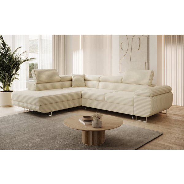thematys Ecksofa ASTON mit Schlaffunktion & Bettkasten – Cordstoff TILIA, - mit 3 verstellbaren Kopfstützen, – L-Form 273×203 cm – Schlafsofa mit Auszug