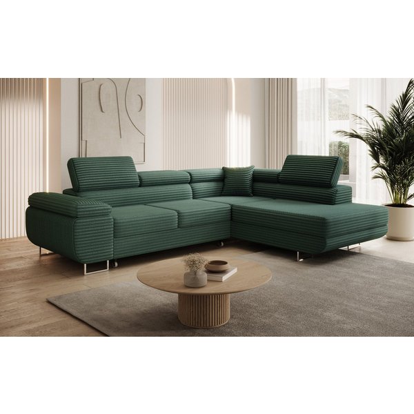 thematys Ecksofa ASTON mit Schlaffunktion & Bettkasten – Cordstoff TILIA, - mit 3 verstellbaren Kopfstützen, – L-Form 273×203 cm – Schlafsofa mit Auszug